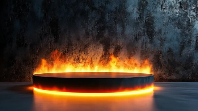 Dramatic Circular Platform Surrounded by Intense Flames and Fiery Glow Against Dark Textured Wall, Creating Atmosphere of Heat and Energy