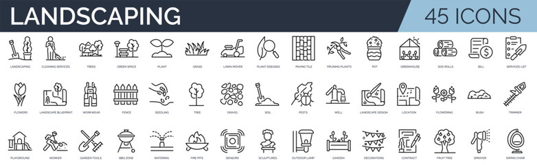 Set of 45 outline icons related to landscaping. Linear icon collection. Editable stroke. Vector illustration