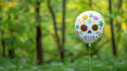 Colorful sugar skull balloon floating in green forest, symbolizing Día de los Muertos celebration, Mexican culture, and festive decoration
