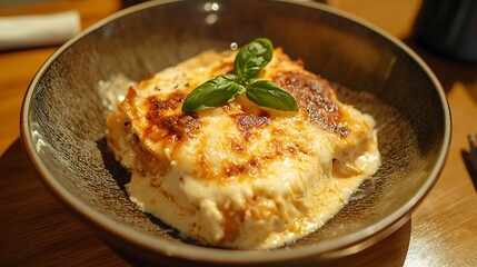 Delicious plate of lasagna cheese and a sprig of basil