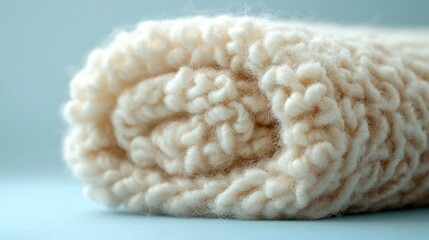 Soft fluffy soy cashmere blend in neutral oatmeal tone on a sky-blue background