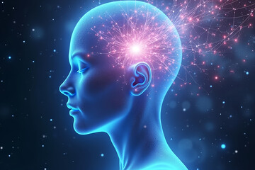Human Head with Glowing Energy Streams: Concept for Mental Healing and Stress Management
