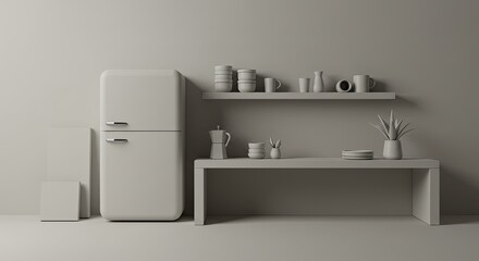 a table with a white refrigerator and some dishes