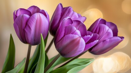 Beautiful Bunch of Purple Tulips with Soft Petals and Blurred Background in Natural Light