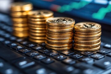 Stacks of coins on a keyboard with stock chart in background. Money, investments, and technology concept