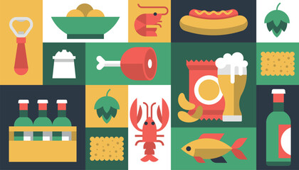 Beer bar mug restaurant snack menu holiday geometric background vector pattern poster banner