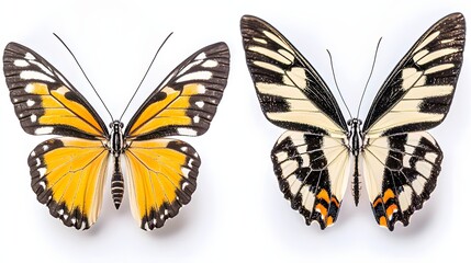 Fototapeta premium Closeup of Two Colorful Butterflies with Yellow and Black Wings on a White Background