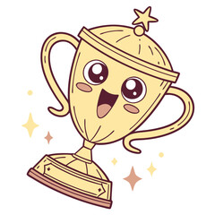 A charming golden trophy with a bright smile and sparkling eyes stands out on a white background, representing joy and accomplishment for any award ceremony or celebration