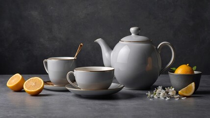 Elegant tea set with grey porcelain teapot and cups, complemented by fresh lemons and delicate flowers on a textured surface.