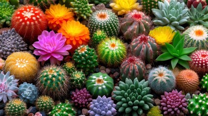 Fototapeta premium Colorful Variety of Cacti and Succulents in Vibrant Display