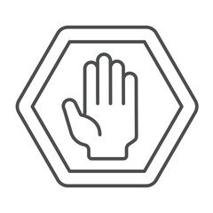 Obraz premium Traffic stop hand palm thin line icon, making road concept. Vector graphics. Stopping movement hand gesture, road sign on white background, outline style icon for mobile or web design.