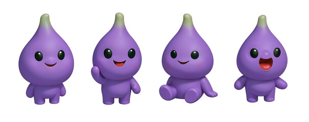 Playful Purple Friends: A charming collection of four cartoon figs, exuding joy and whimsy with expressive faces and playful poses. These adorable characters embody sweetness and fun.