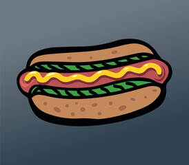 Cartoon hot dog with mustard and greens on a gray background. A bold and fun digital illustration of a hot dog with mustard, highlighting its classic look.