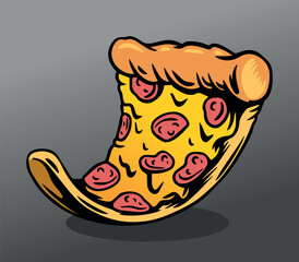 Cartoon Slice of Melting Pepperoni Pizza. A playful cartoon illustration of a delicious melting slice of pepperoni pizza with a crispy crust.
