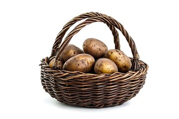 Fresh Potatoes in Wicker Basket on White Backdrop, Rustic Harvest Still Life