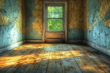 An abandoned room with peeling blue paint, a wooden floor, and sunlight streaming through a window, creating a serene yet neglected atmosphere.