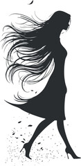 Elegant silhouette of a woman with flowing hair and dress in the wind, in black and white.