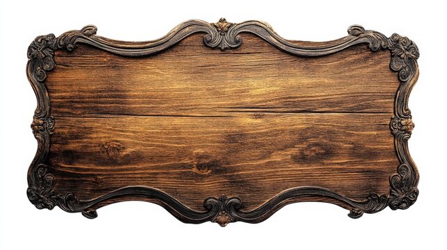 A detailed wooden sign with ornate metal and rich brown color
