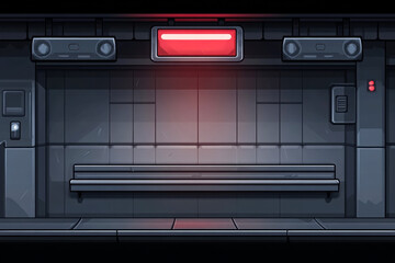 A sleek, modern subway station interior with a red light display and minimalistic design, featuring a bench and electronic panels.