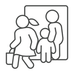 Man with child and woman running away thin line icon, family lawyer concept. Vector graphics. Marriage problem, human rights sign on white background, outline style icon for mobile or web design.
