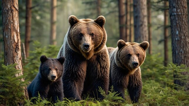 A family of three brown bears stands majestically in a lush forest, showcasing their powerful presence in nature.