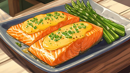 A luxurious seafood dish featuring pan-seared salmon with a lemon butter sauce, served with asparagus and wild rice