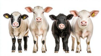 Fototapeta premium Four Adorable Calves Standing Together on a White Background
