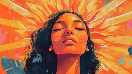 Woman with closed eyes, sun rays radiating from her head, tropical leaves, vibrant colors,  glowing skin,  peaceful expression.