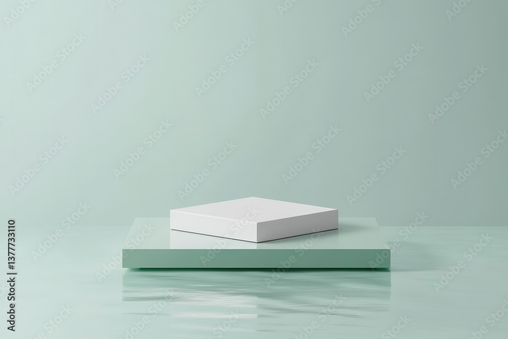 Poster Minimalist presentation of a white box on a green platform with a serene background setting