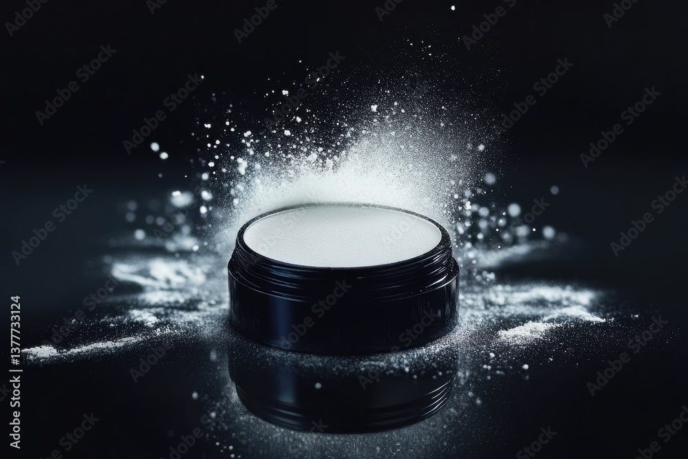 Poster white powder explosion from a black container against a dark background showcases creative artistry 