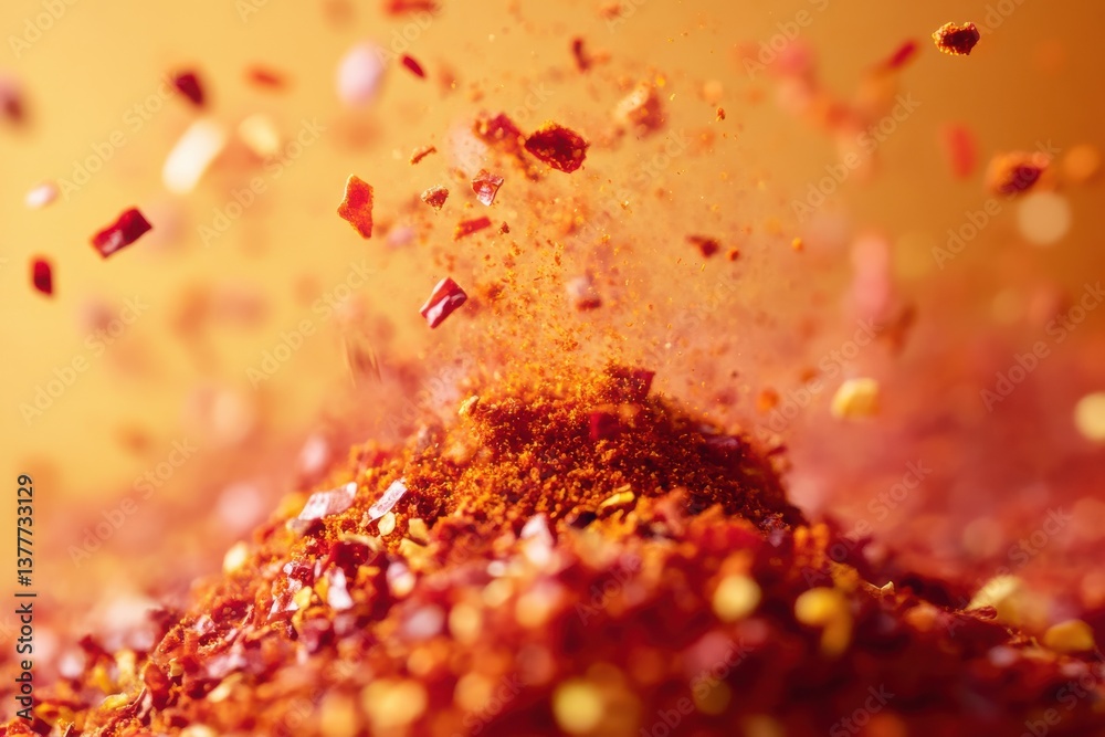 Poster vibrant spread of red chili flakes creates a dynamic explosion of flavor and color in the kitchen