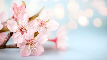 Delicate Pink Cherry Blossom Flowers on a Soft Blue Background with Gentle Light Bokeh