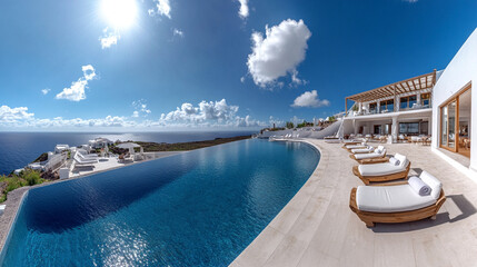 Fototapeta premium Panoramic view of infinity pool overlooking the ocean with white buildings and blue sky above it all