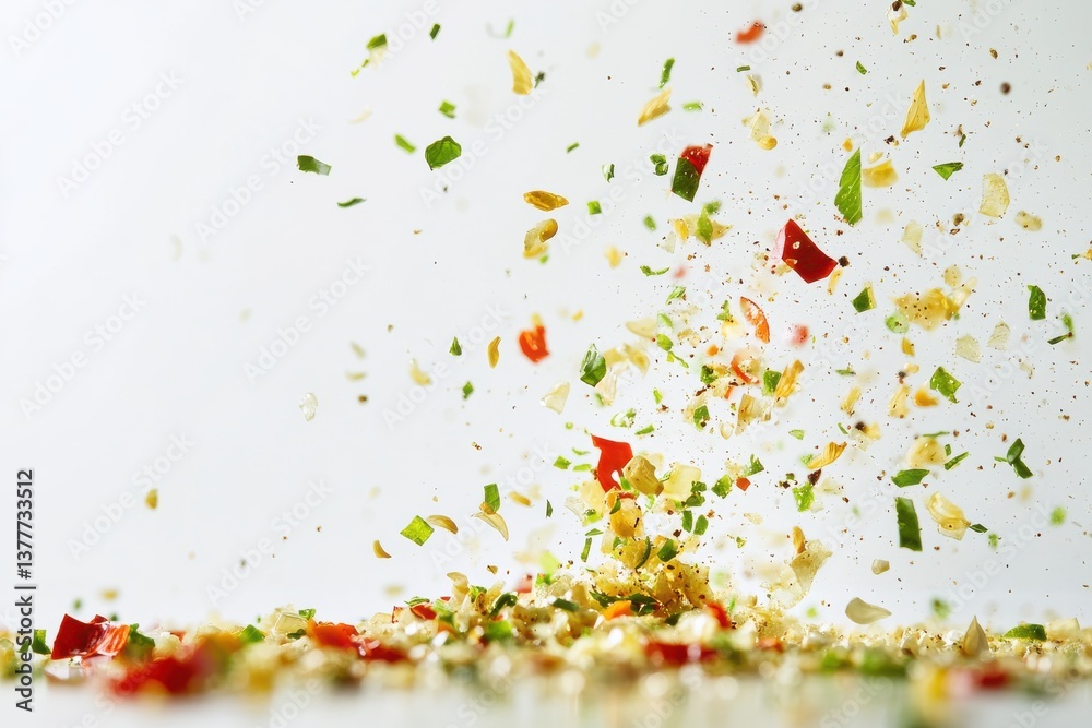 Poster Colorful spices scatter dynamically across a smooth surface during a culinary preparation process in a bright kitchen environment