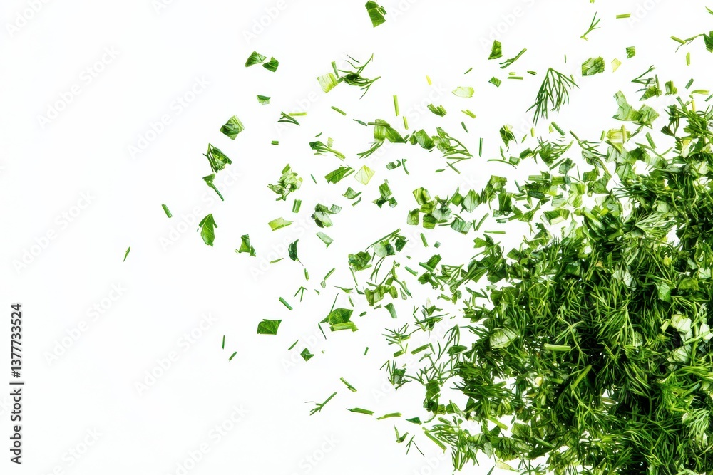 Poster chopped fresh herbs creating a vibrant display on a white background for culinary inspiration