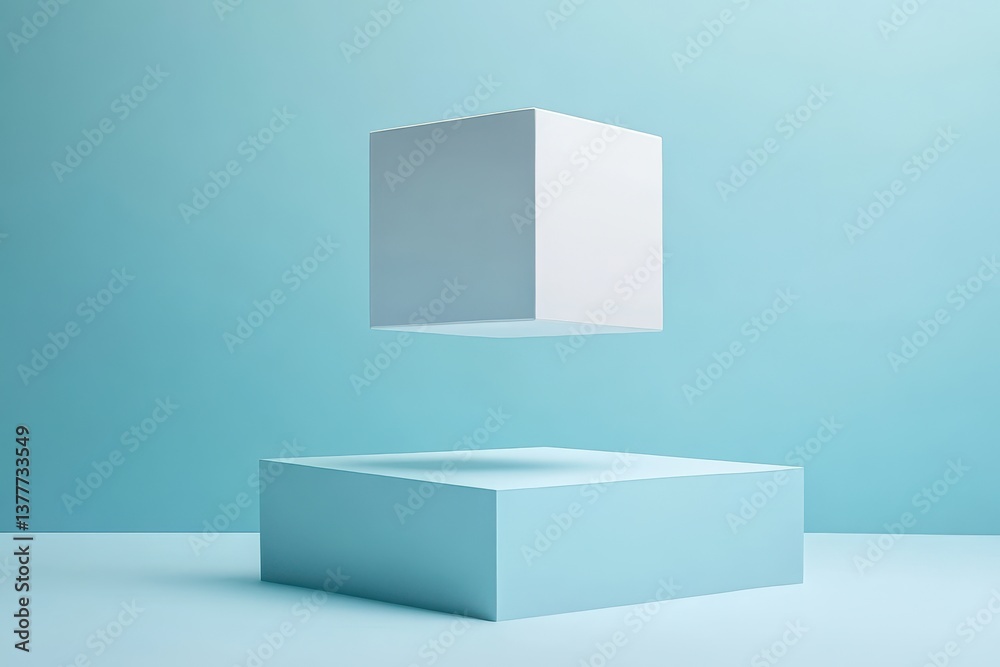 Poster Floating cube above a larger square base showcasing modern design in a minimalistic setting