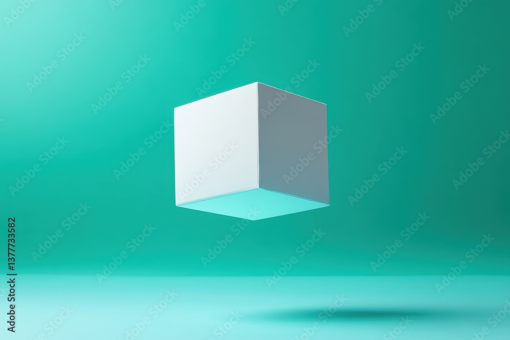 Aufkleber Floating white cube against a teal background with soft lighting creating depth and dimension in a modern, minimalist style