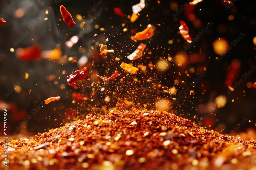 Poster Chili flakes falling over a mound of spices create a vibrant and dynamic display of color and texture in a kitchen setting
