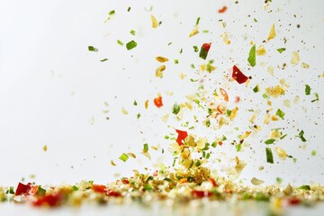 Colorful spices scatter dynamically across a smooth surface during a culinary preparation process in a bright kitchen environment