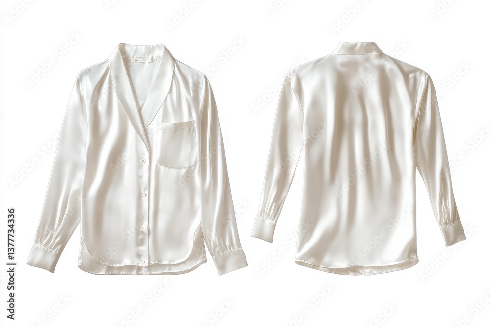 Poster silk white pajama shirt displayed from multiple angles showcasing its design and texture