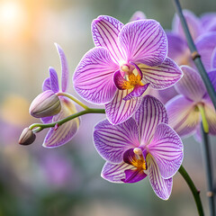 Purple Orchid Flower on Green Background with Tree in the Backdrop