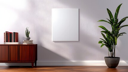 Modern Minimalist Living Room with Empty Wall Space and Decorative Plant in Natural Light