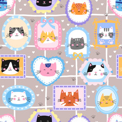 Seamless pattern playful kittens in the photo frame, hearts, and floral elements. Ideal for textiles, wallpapers, and children products. Cozy, cute, and trendy design