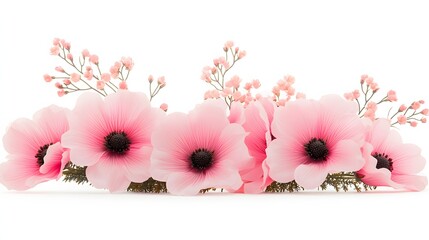 Delicate Pink Flowers with Black Centers Arranged Gracefully Against a White Background