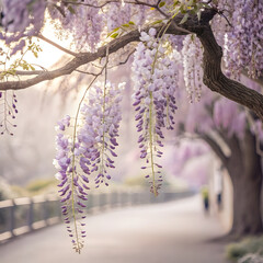 Cherry tree blooming with pink blossoms in spring surrounded by flowers and nature