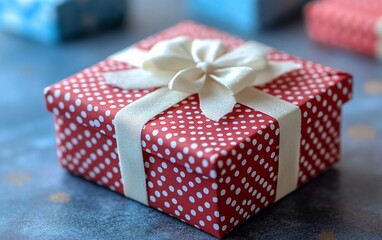 Obraz premium Red box with white dots and a bow