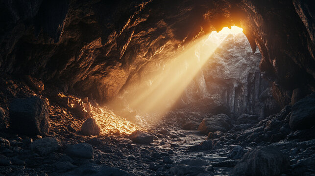 Sunlight streams through the cave opening illuminating the rocky floor and the cave walls inside