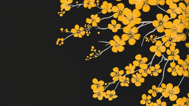 Yellow flowers on black background, Asian style, greeting card design