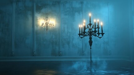 Dark, flooded antique room with candles
