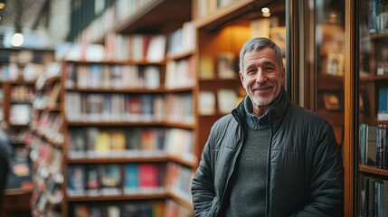 Confident Older Man Smiling in Cozy Bookstore Setting